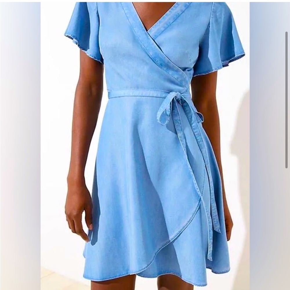 Loft Women's Chambray Belted Wrap Dress Size 6 Blue Flare Lyocell
